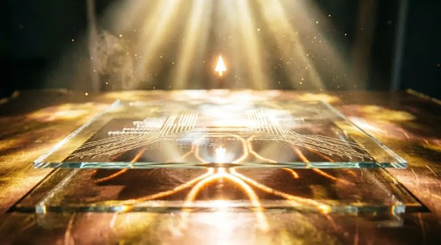 Permanent glass code canvas, evidence of light reflections, lit cursor glow, light-casting shadows, golden sun-like bloom volumetric light (AI-generated illustration)