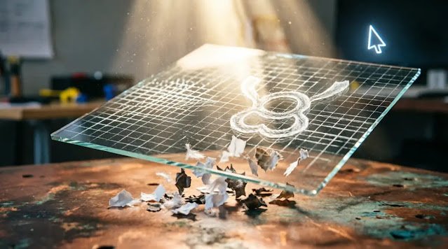 Structured glass code canvas, carved light reflection, steady cursor, upward floating particles, warming volumetric light (AI-generated illustration)