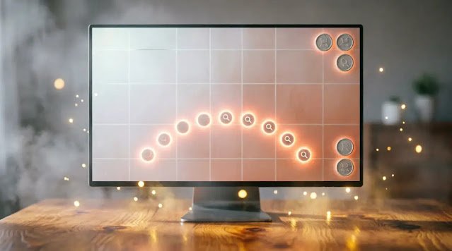Patterned monitor screen, accumulated notification badges, self-illuminating search bar nodes, warming volumetric light(AI-generated illustration)