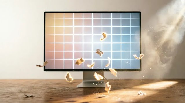Structured monitor screen, focused notification badges, empty search bar, upward floating particles, warming volumetric light(AI-generated illustration)