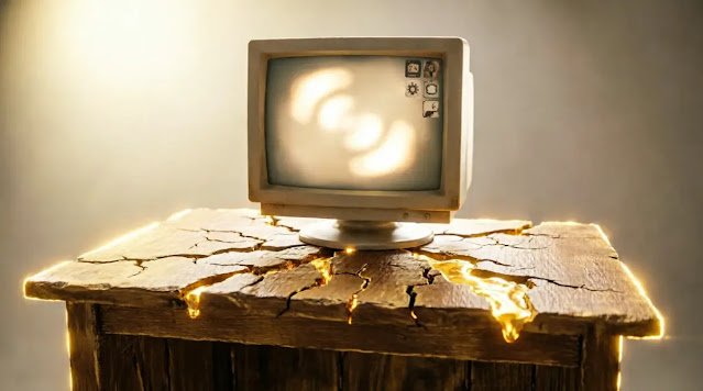 Legacy monitor screen, integrated notification badges, channel search bar glow, light-filled desk cracks, golden bloom light(AI-generated illustration)