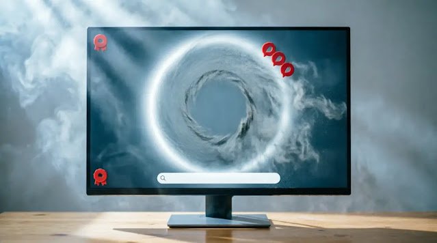 Clearing monitor screen with autonomous circular cleaning, reducing notification badges, clearing search bar, cool gradient volumetric light, volumetric fog(AI-generated illustration)