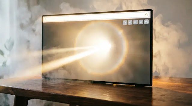 Stable monitor screen, stable notification badges, extended search bar glow radius, warming volumetric light(AI-generated illustration)