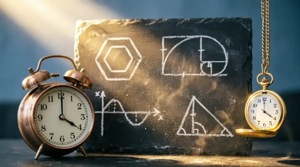 alarm clock 4:00 AM, slate chalkboard geometric patterns, gold pocket watch, golden dawn light beams(AI-generated illustration)