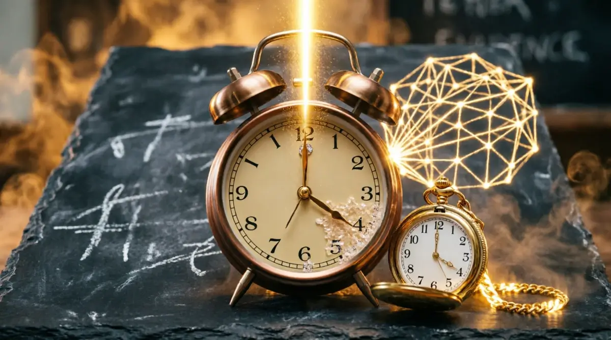 alarm clock 4:00 AM, slate chalkboard fractal triangle credential, gold pocket watch, unified golden architecture(AI-generated illustration)