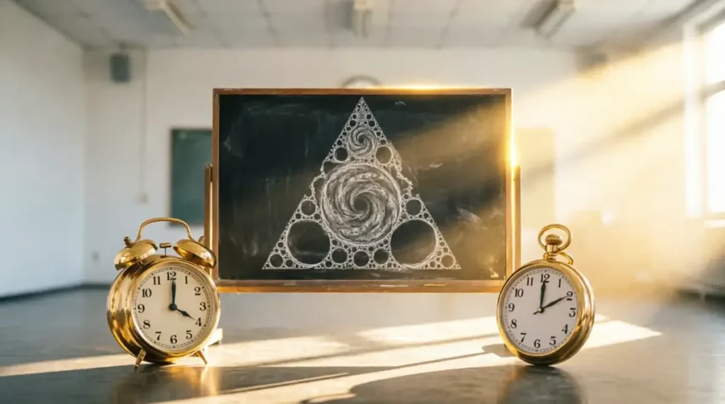 alarm clock 4:00 AM, slate chalkboard transforming golden lattice evidence, gold pocket watch glowing chain(AI-generated illustration)