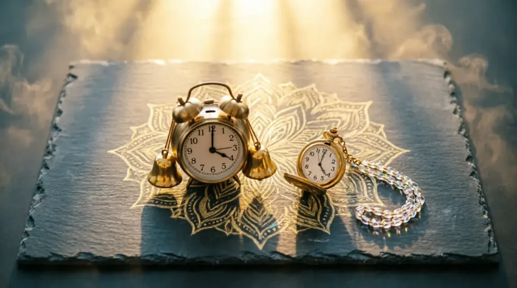 alarm clock 4:00 AM golden bells, slate chalkboard golden mandala mastery, gold pocket watch crystalline chain(AI-generated illustration)