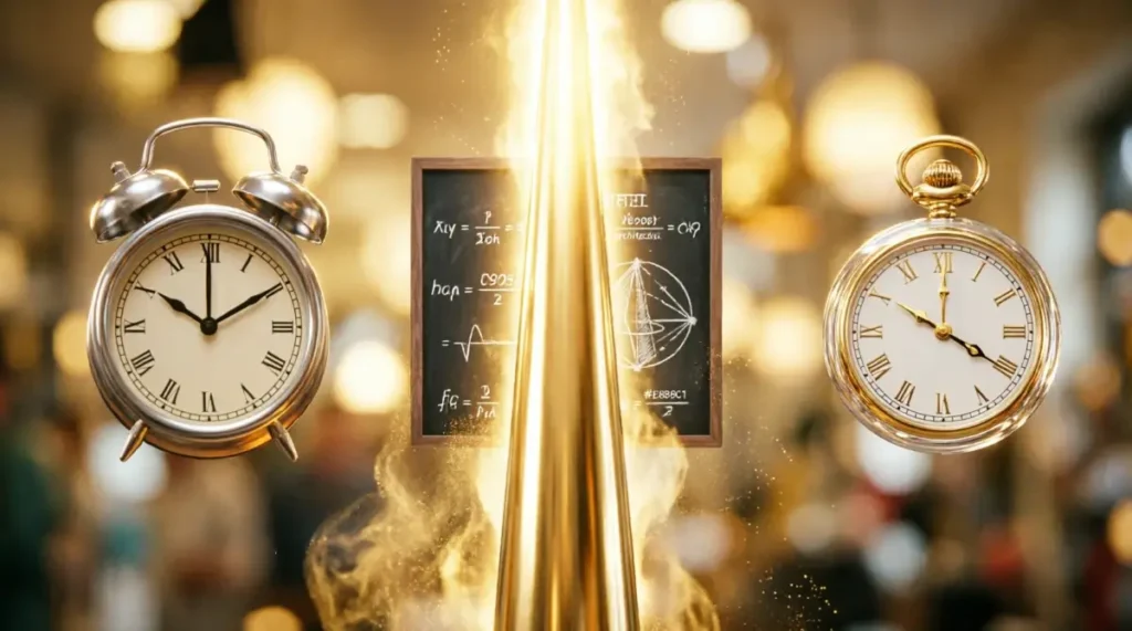 alarm clock 4:00 AM, slate chalkboard infinite fractal formulas, gold pocket watch, eternal golden light beams(AI-generated illustration)