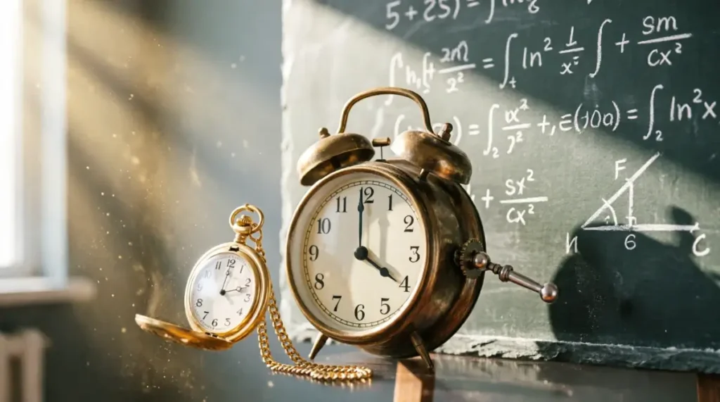 alarm clock 4:00 AM self-drawing trigger, chalkboard calculus formulas, gold pocket watch unwinding chain(AI-generated illustration)