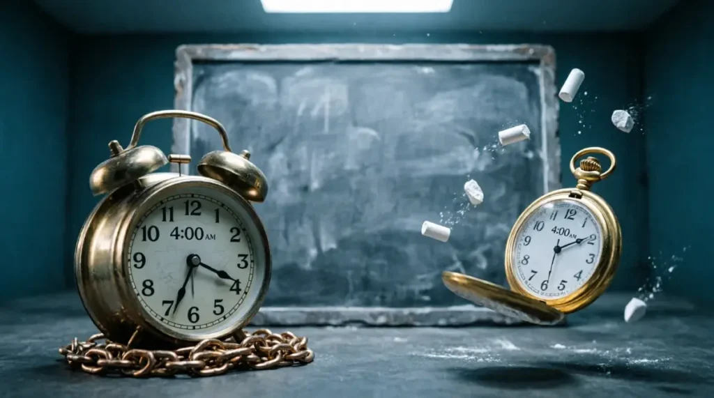 clock 4:00 AM tangled chain, blank slate chalkboard, gold pocket watch, frozen chalk particles mid-air(AI-generated illustration)