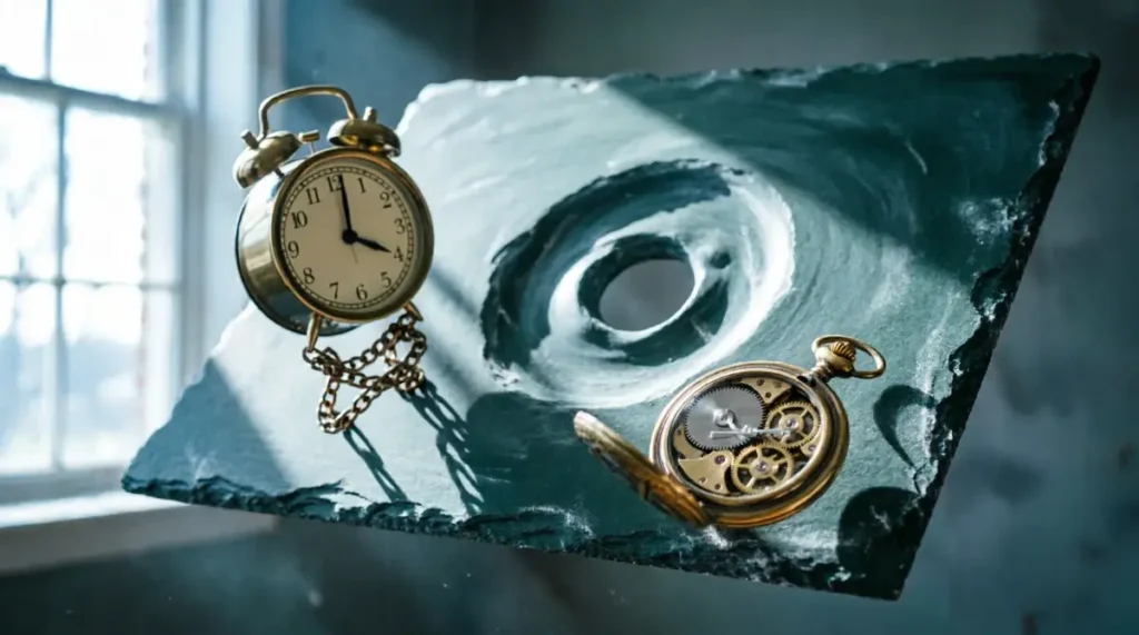 chalkboard, spiral, brass alarm clock 4:00 AM, gold pocket watch exposed slipping gears(AI-generated illustration)