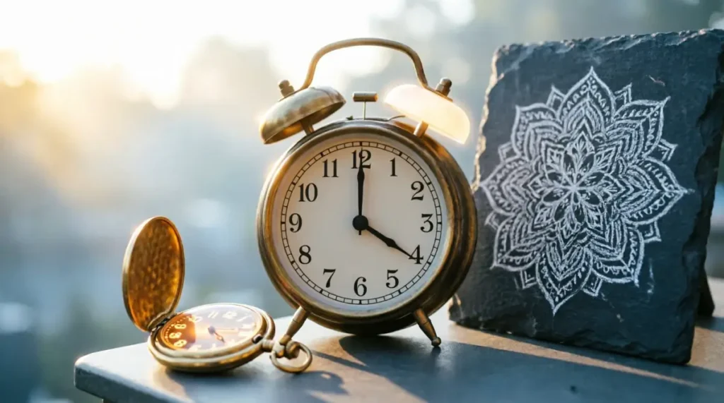 Glowing brass alarm clock 4:00 AM, slate chalkboard perfect mandala pattern, gold pocket watch internal luminescence(AI-generated illustration)