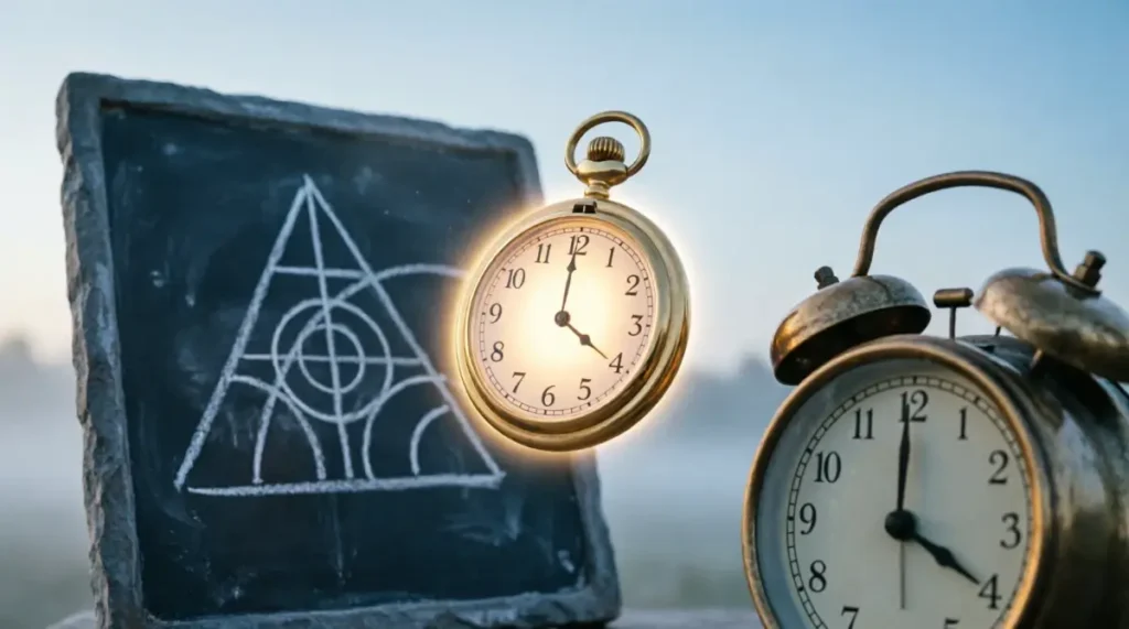 gold pocket watch 4:00 AM, slate chalkboard geometric triangle, brass alarm clock, emerging dawn light(AI-generated illustration)
