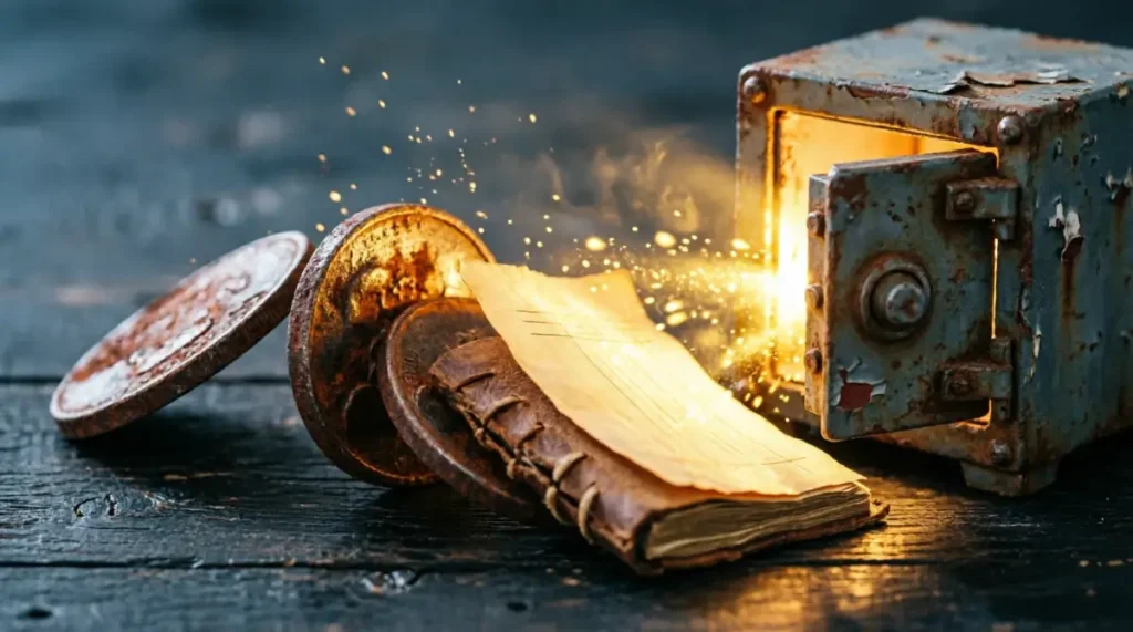 Rusty iron vault with open door, iron coins, leather ledger, golden light radiating (AI-generated illustration)