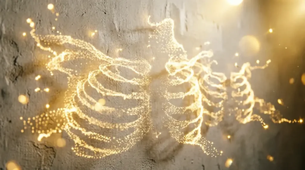 Skeleton book to golden light streams, plaster wall, golden streaks, confident collarbone vibration flow(AI-generated illustration)