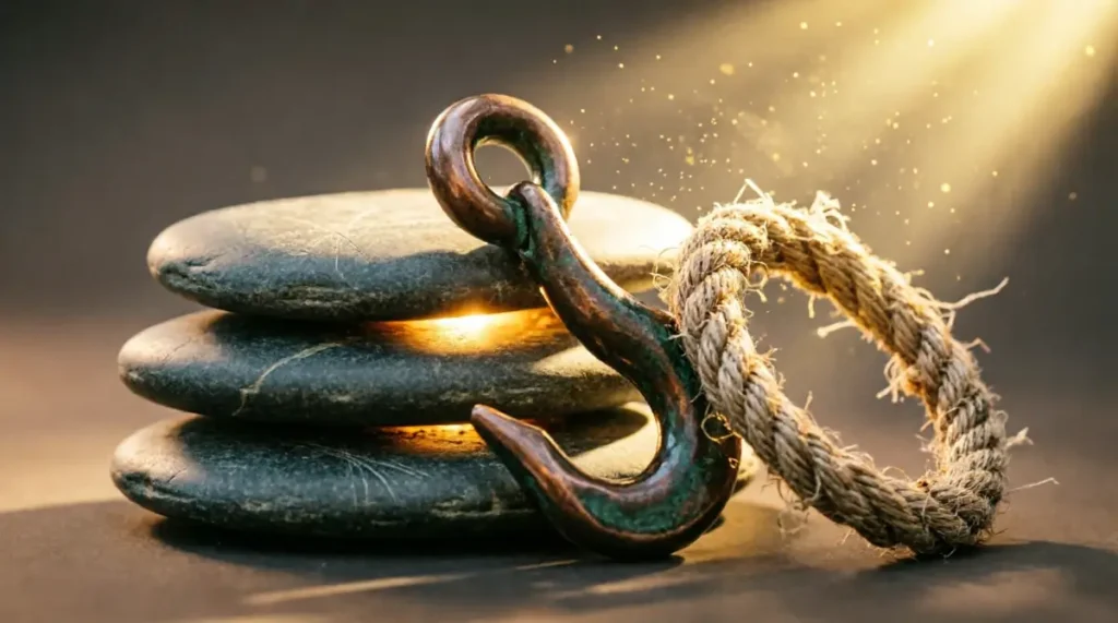 Three ledger stones mid-stack, iron boundary hook, woven cord ring, golden volumetric light at 70% intensity(AI-generated illustration)
