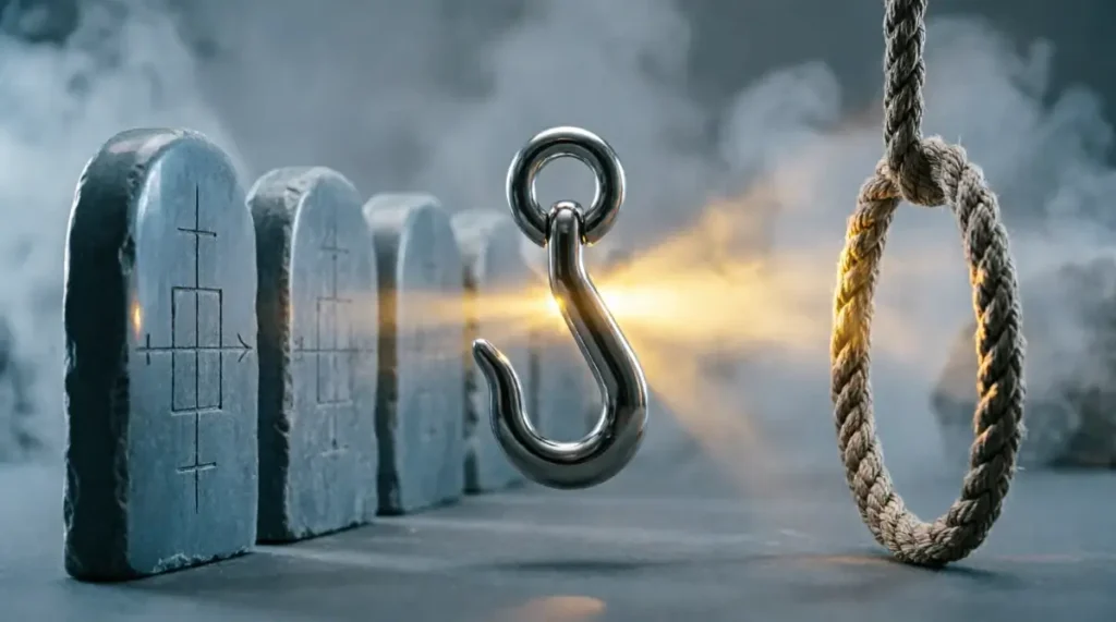 Aligned ledger stones, floating iron hook, loose woven cord, golden light emerging at 65%(AI-generated illustration)