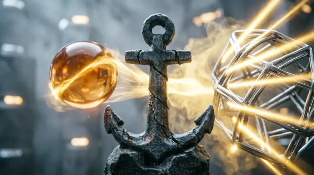 Basalt core anchor, amber sphere path, titanium lattice guide with golden beams (AI-generated illustration)