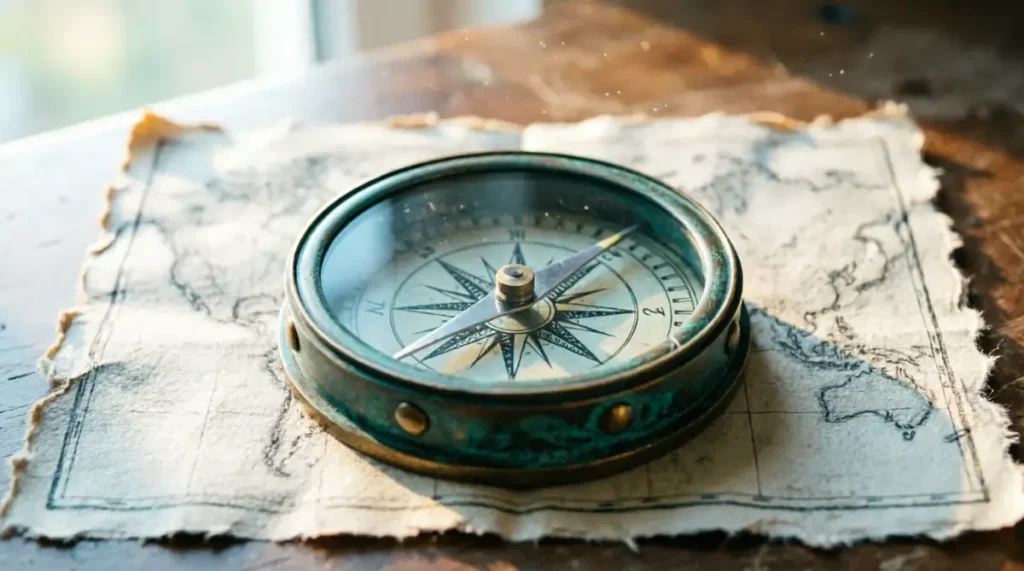 Antique compass on hand-drawn map, soft morning light, editorial minimalism (AI-generated illustration)