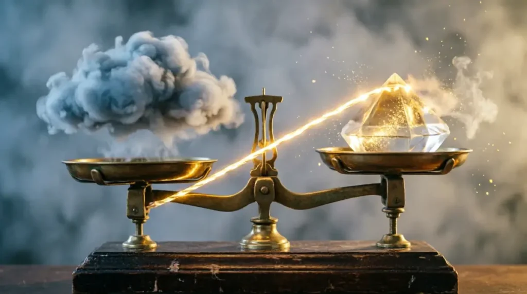 Balancing brass scale with glowing filament illuminating translucent prism (AI-generated illustration)