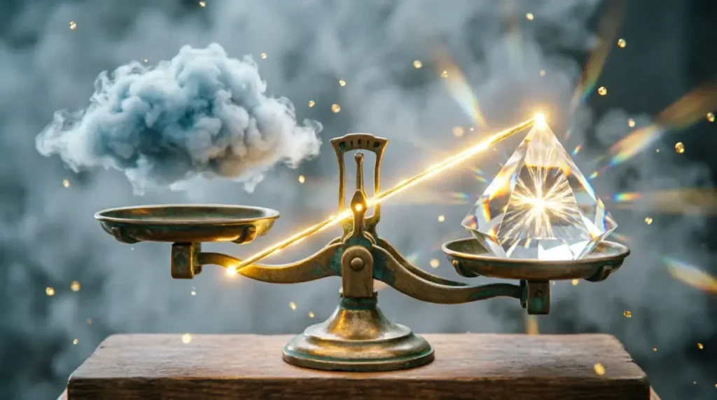 Brass balance scale evaluating crystal prism with golden filament light (AI-generated illustration)