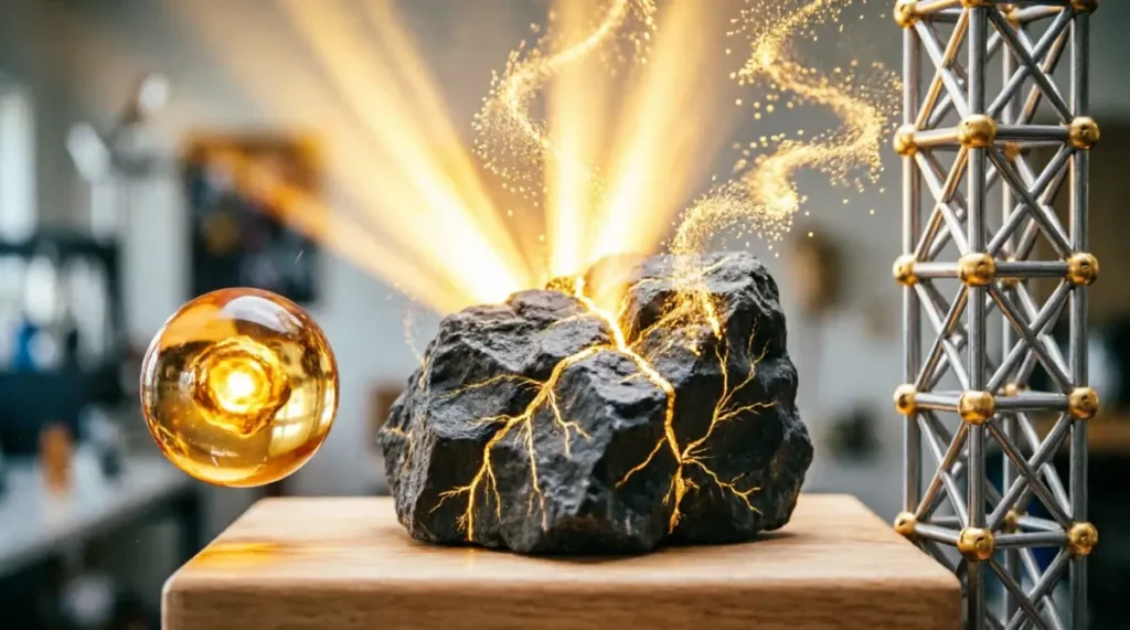 Basalt core with golden seams, amber sphere with inclusion, titanium lattice joints glowing (AI-generated illustration)