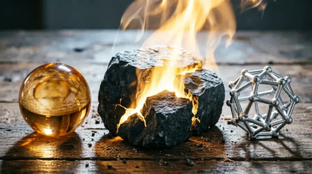 Basalt core with glowing seams, empty amber sphere, loose titanium lattice, dominant golden light (AI-generated illustration)