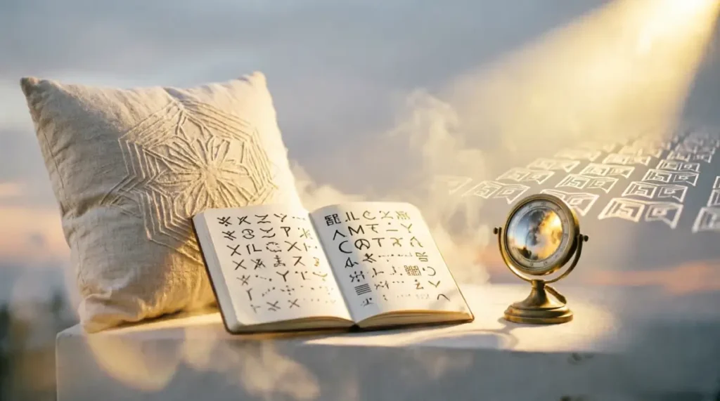 Bedside workspace with pillow, journal, moon dial (AI-generated illustration)