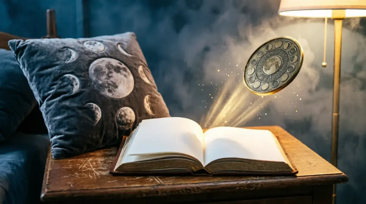 Memory pillow with moon embroidery, open dream journal, floating brass moon dial with golden light beams on bedside table (AI-generated illustration)