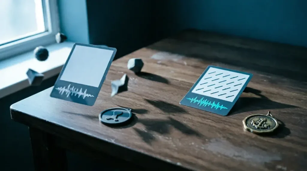 Blank tally card with chaotic waveform and plain token contrasting with consistent marks and organized patterns under cool light (AI-generated illustration)