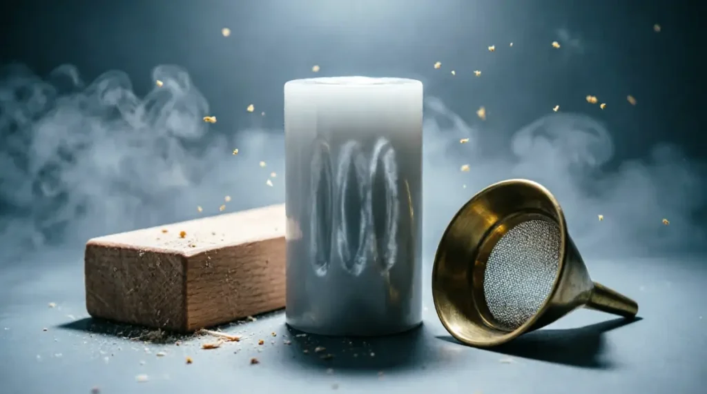 Blank wax cylinder, wooden tally block, brass funnel with mesh, faint golden particles in cool fog (AI-generated illustration)