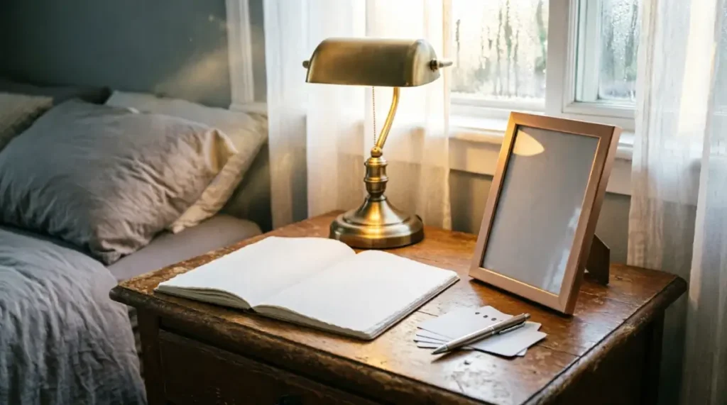 The Simplest Way to Review Vocabulary Without Burnout 10 Blank journal, pen, fresh flashcards, empty photo frame, nightstand, morning light, sheer curtains (AI-generated illustration)
