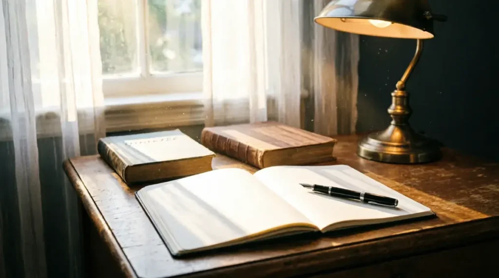 Open blank notebook with fountain pen, two closed books,lamp on wooden desk, window with sheer curtains and soft morning light(AI-generated illustration)