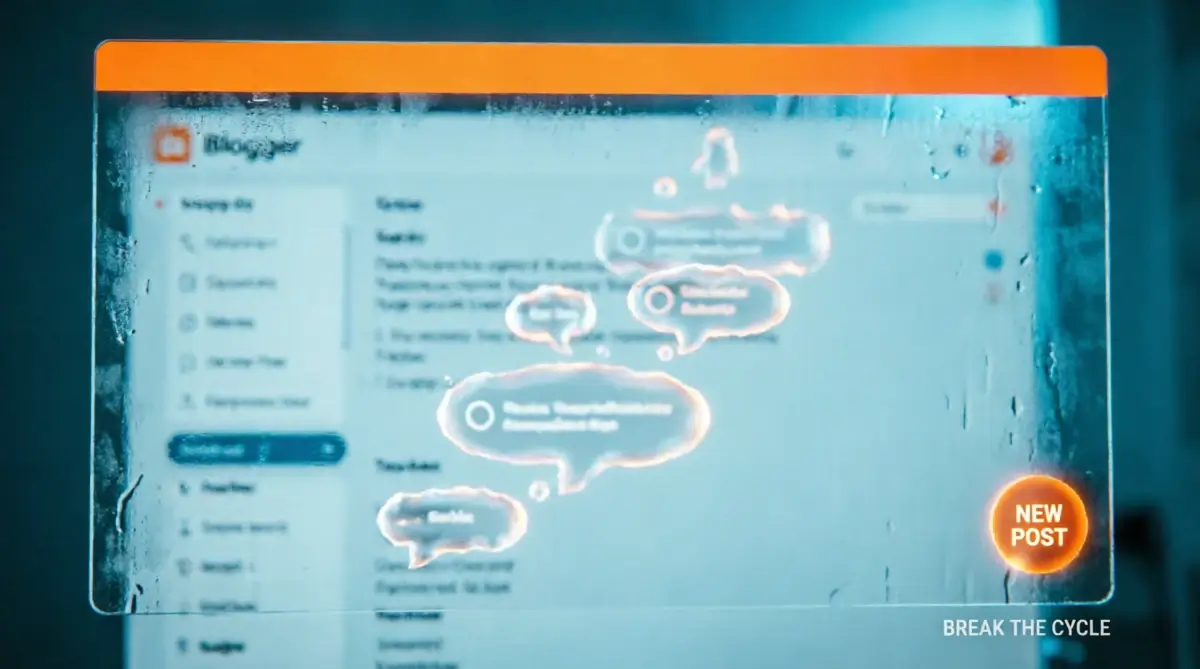 Blogger Dashboard Interface dissolving excuse list and glowing New Post button on Settings page background(AI-generated illustration)