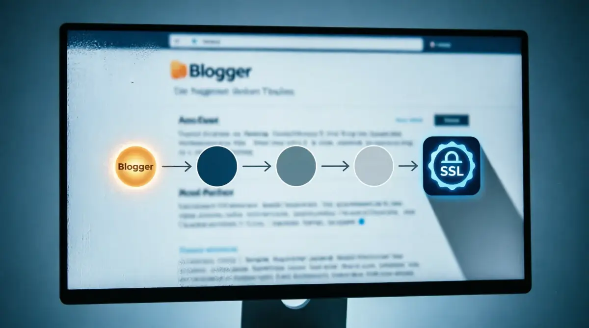 Blogger interface blue search bar, shows steps in progress, SSL certificate icon(AI-generated illustration)