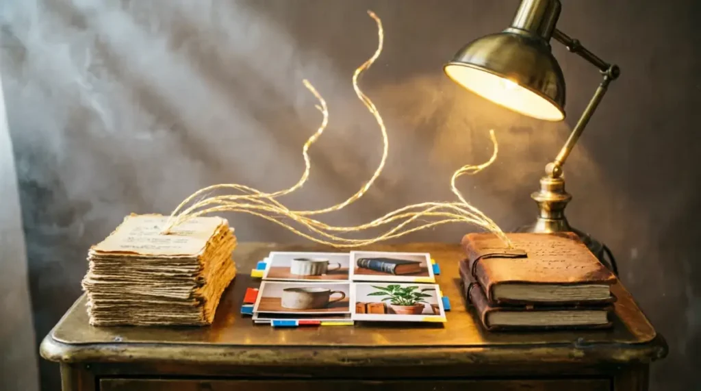 The Simplest Way to Review Vocabulary Without Burnout 7 Personal photos blurred faces, flashcard deck, sentence journal, coiled earbud cable, warm lamp (AI-generated illustration)