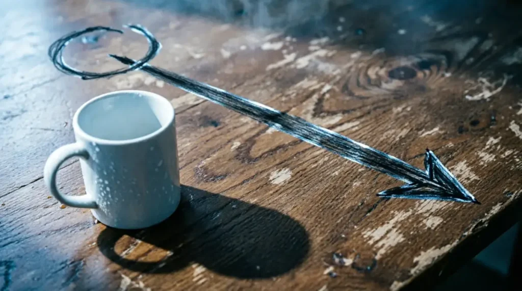 Roadmap, bold graphite line from start, arrow forming, mug casting sharp morning shadow (AI-generated illustration)