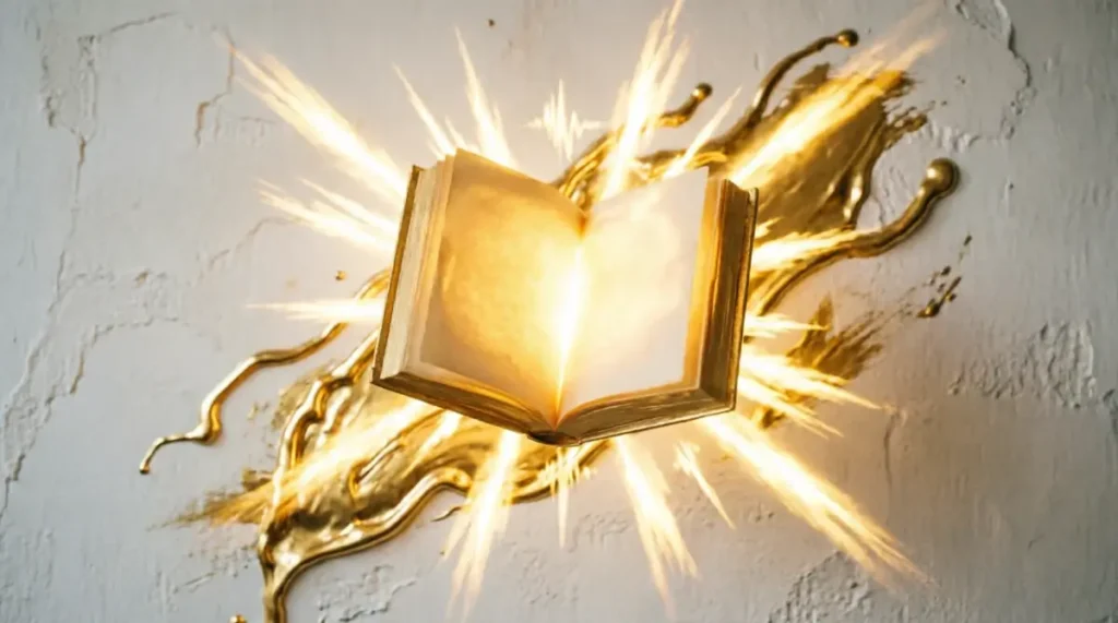 book with golden glow, plaster wall with ambient golden particles, ambient collarbone vibration particles (AI-generated illustration)