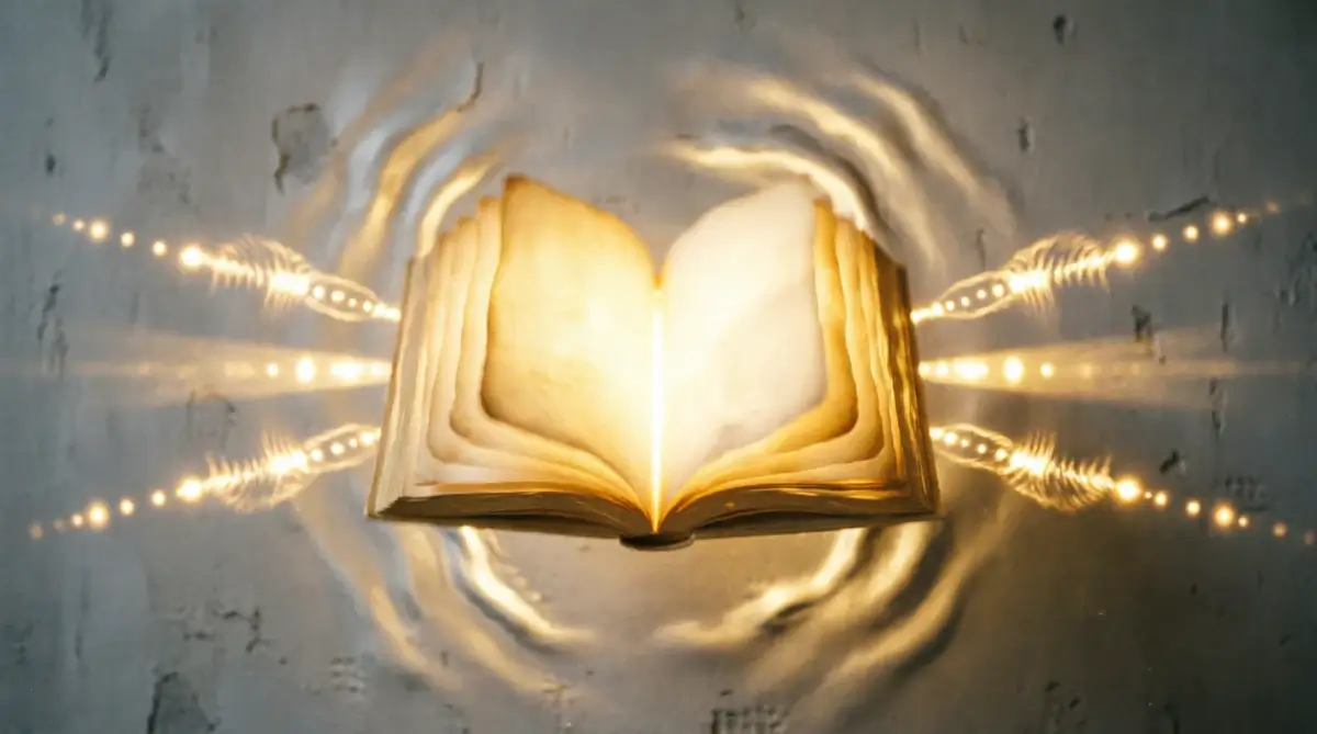 book fused with eternal golden light, plaster wall fused with eternal radiance, fused collarbone vibration resonance (AI-generated illustration)