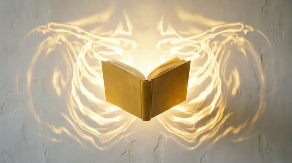 book mostly golden light, plaster wall with breathing rhythmic pattern, seamless collarbone vibration resonance(AI-generated illustration)