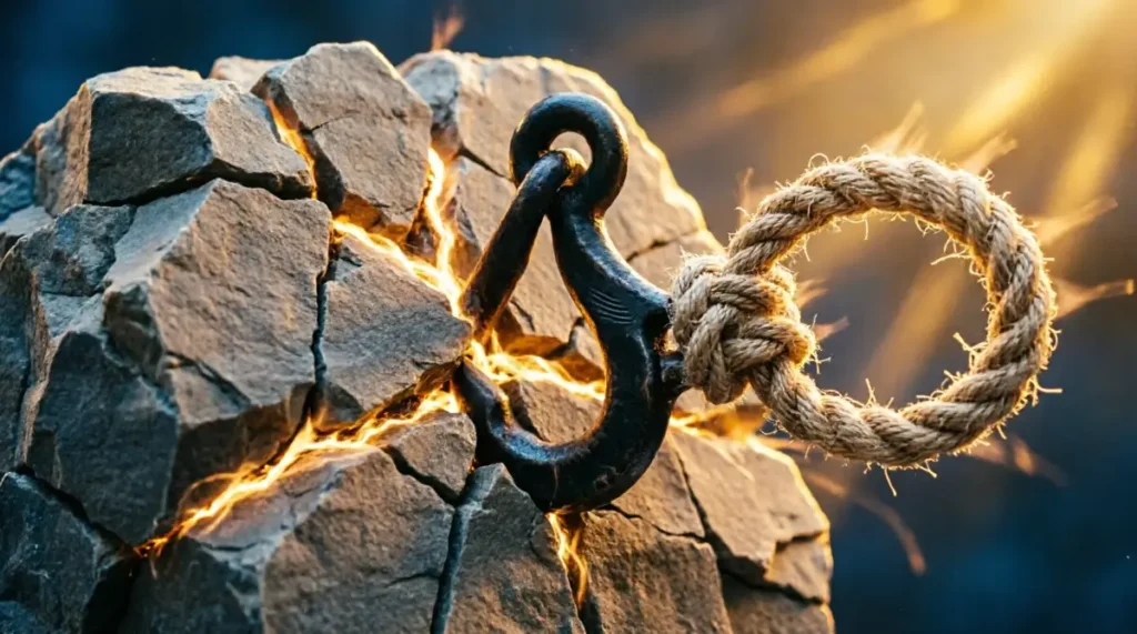Branching ledger stones, anchoring iron hook, weaving woven cord, golden light flowing at 90% (AI-generated illustration)