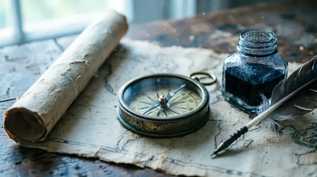 Brass compass on unfolded map, trembling needle, overcast light, isolation mood (AI-generated illustration)