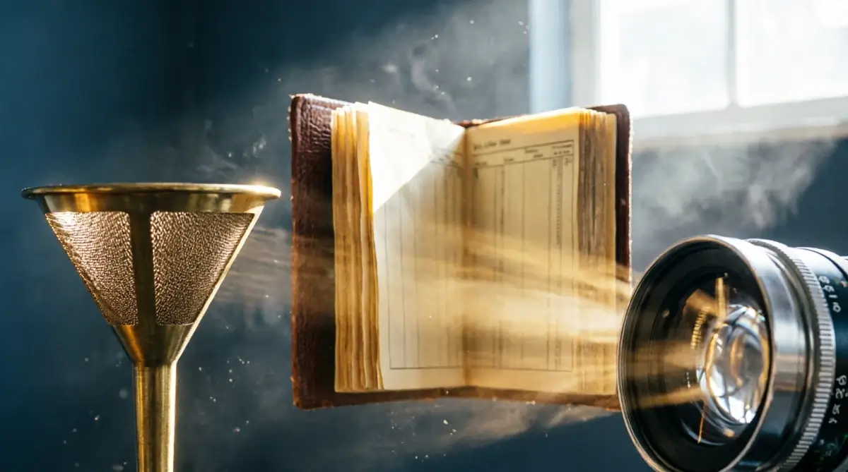 Brass filter funnel with mesh, leather priority ledger with columns, glass focus lens with aperture, golden light beams(AI-generated illustration)