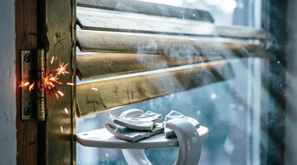 Brass shutter with frozen light particles and stiff hinge showing scattered attention before protection protocols (AI-generated illustration)