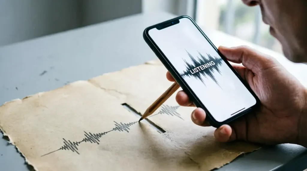 paper wave with large pencil, smartphone displaying "Listening" hand holding phone(AI-generated illustration)
