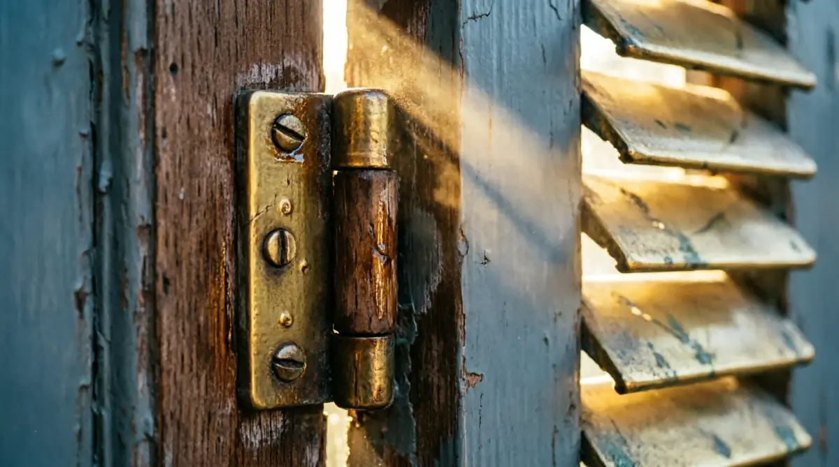 Worn wooden hinge with brass pin and shutter opening with golden light streaming through gap showing transformation in progress (AI-generated illustration)