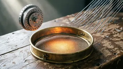 Cipher dial, brass sifting pan with glow, metal comb sorting reveals patterns (AI-generated illustration)
