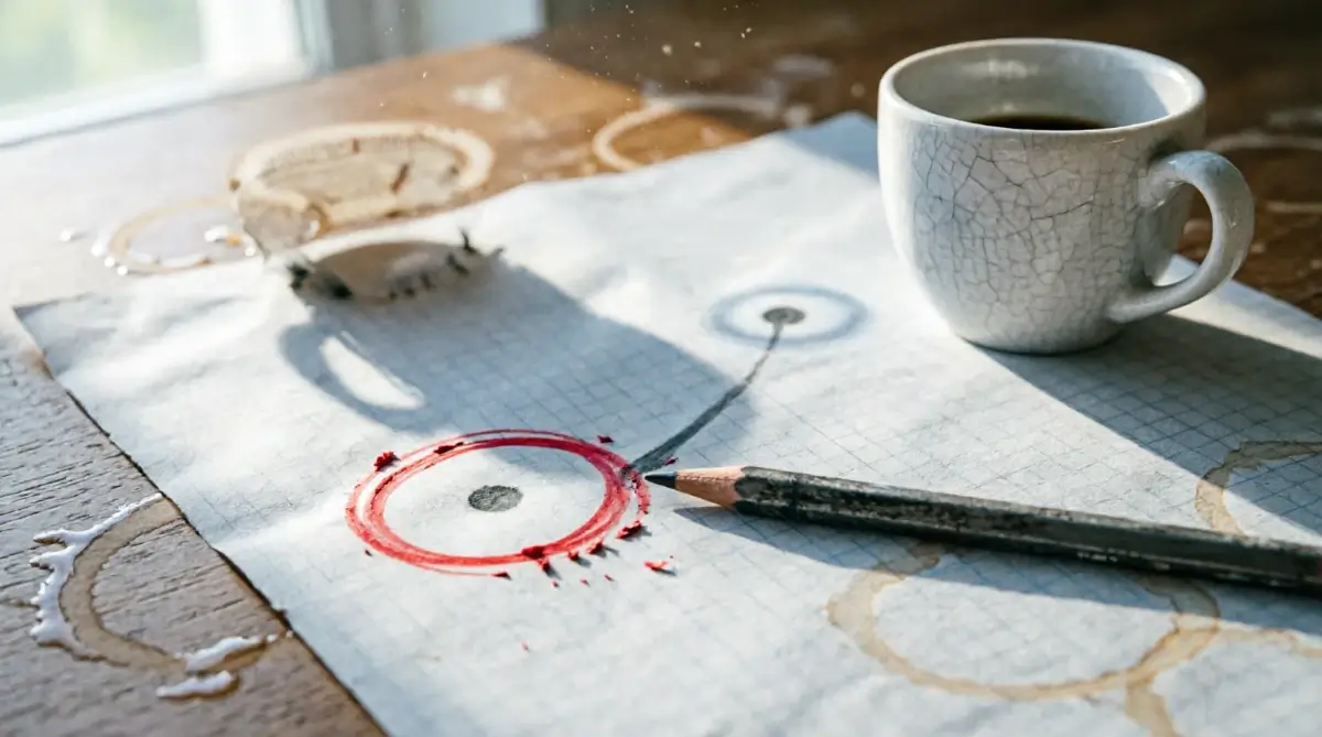 Graph paper map, start point circled in red pencil, destination dot distant, mug casting morning shadow toward circle(AI-generated illustration)