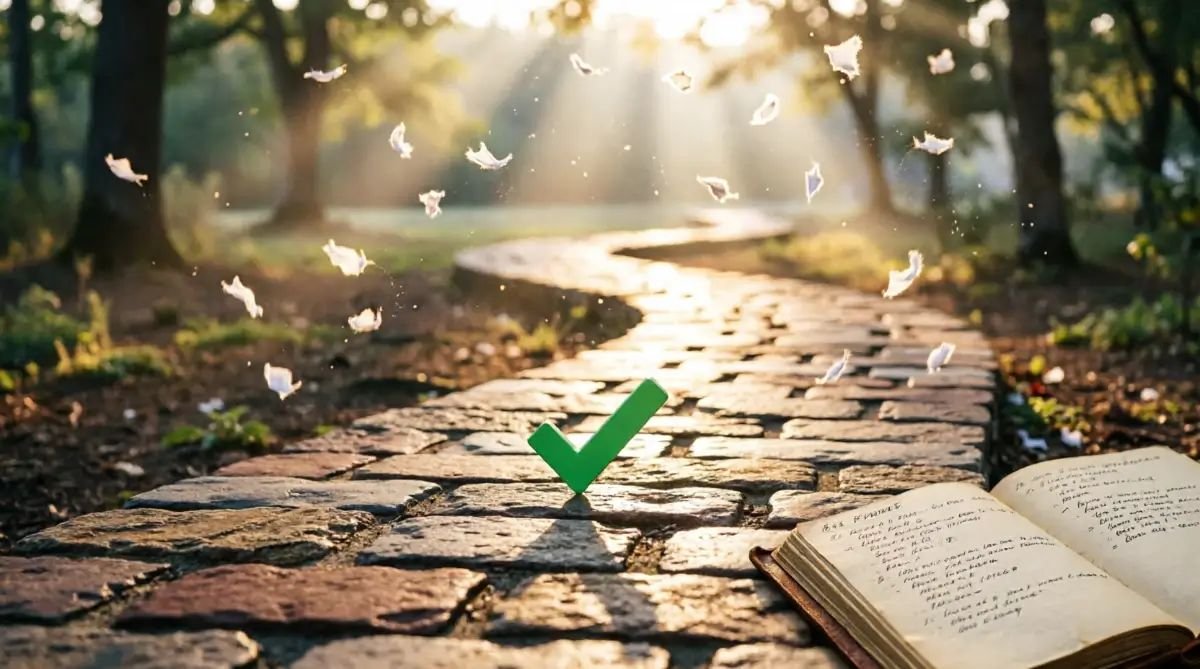 Cleared trailhead, focused green checkmarks, filled technical logbook, upward floating particles, warming volumetric light (AI-generated illustration)