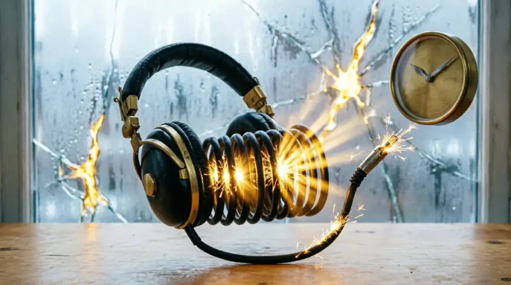 Tightly coiled self-illuminating headphone cable floating upward, cracked window with golden light pouring through cracks (AI-generated illustration)